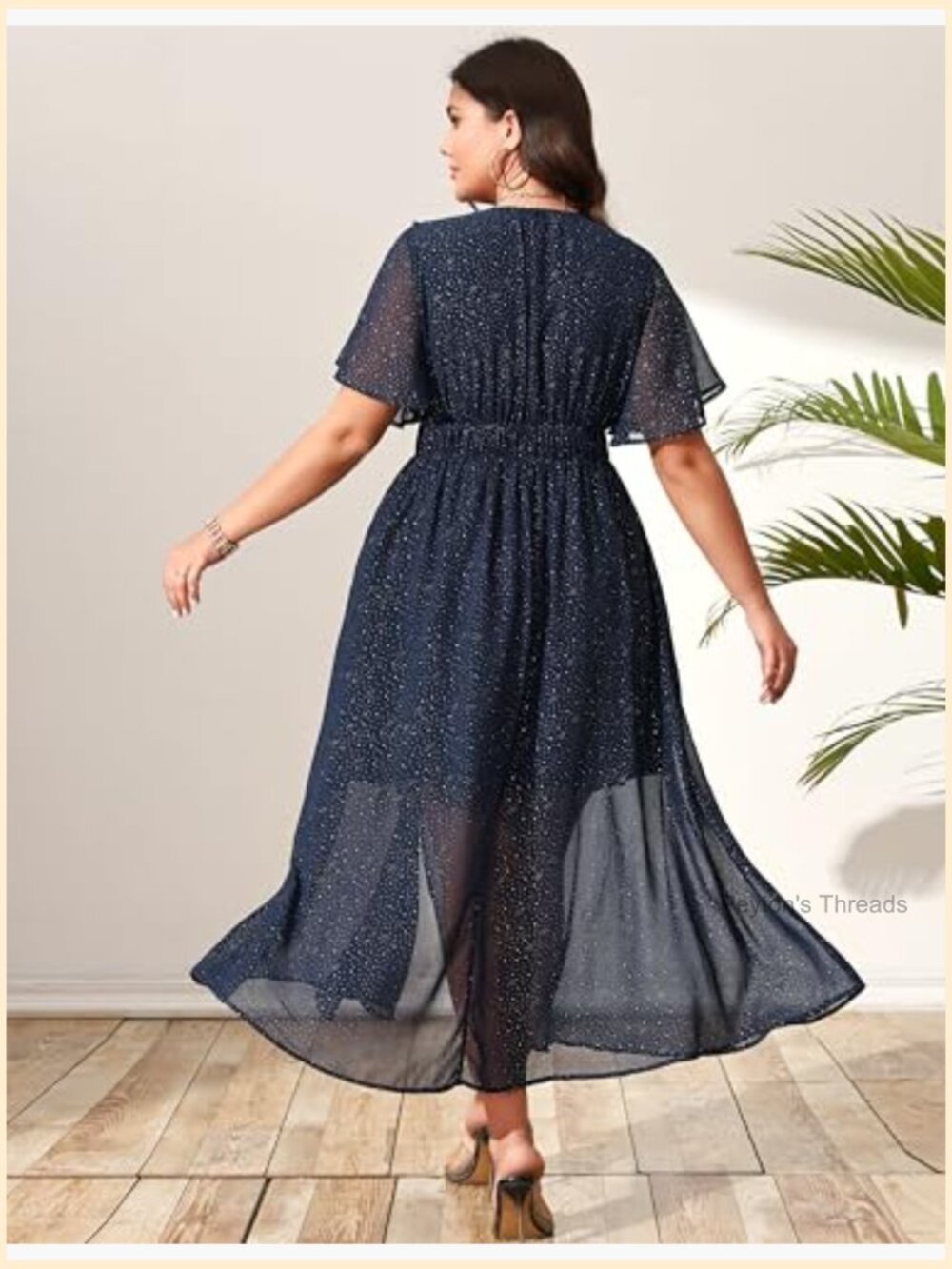Deep V-Neck A-Line Maxi Dress with Pockets Flutter Sleeve - Picture 5 of 7